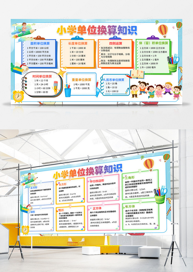 卡通简约风卡通小学数学单位换算口诀表展板