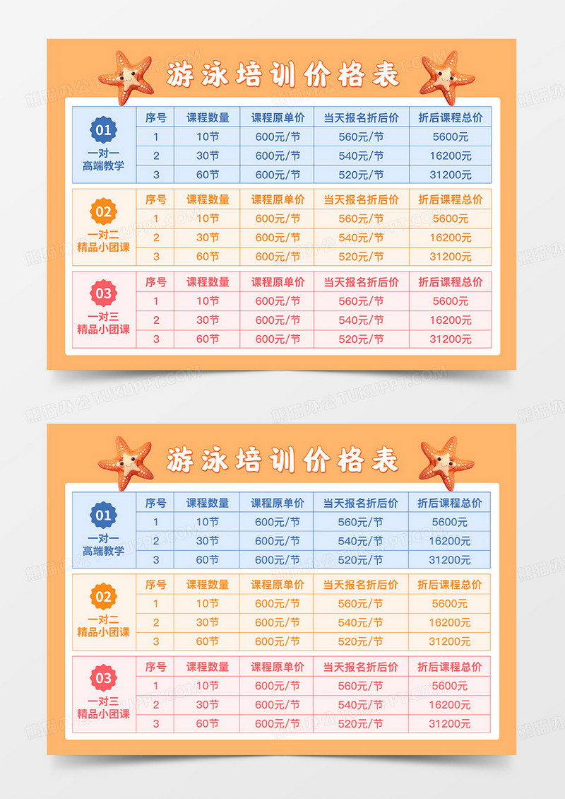 橙色卡通游泳培训价格表游泳培训价目表课程表手抄报