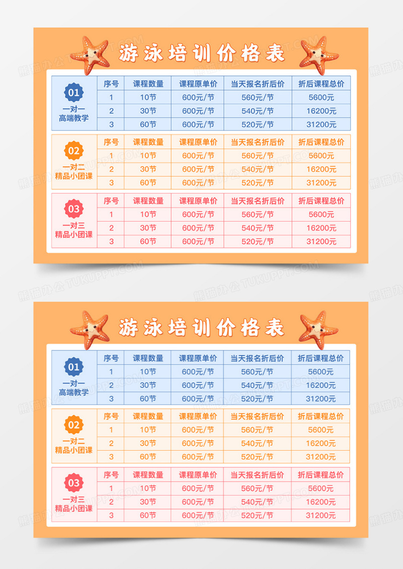 橙色卡通游泳培训价格表游泳培训价目表课程表手抄报