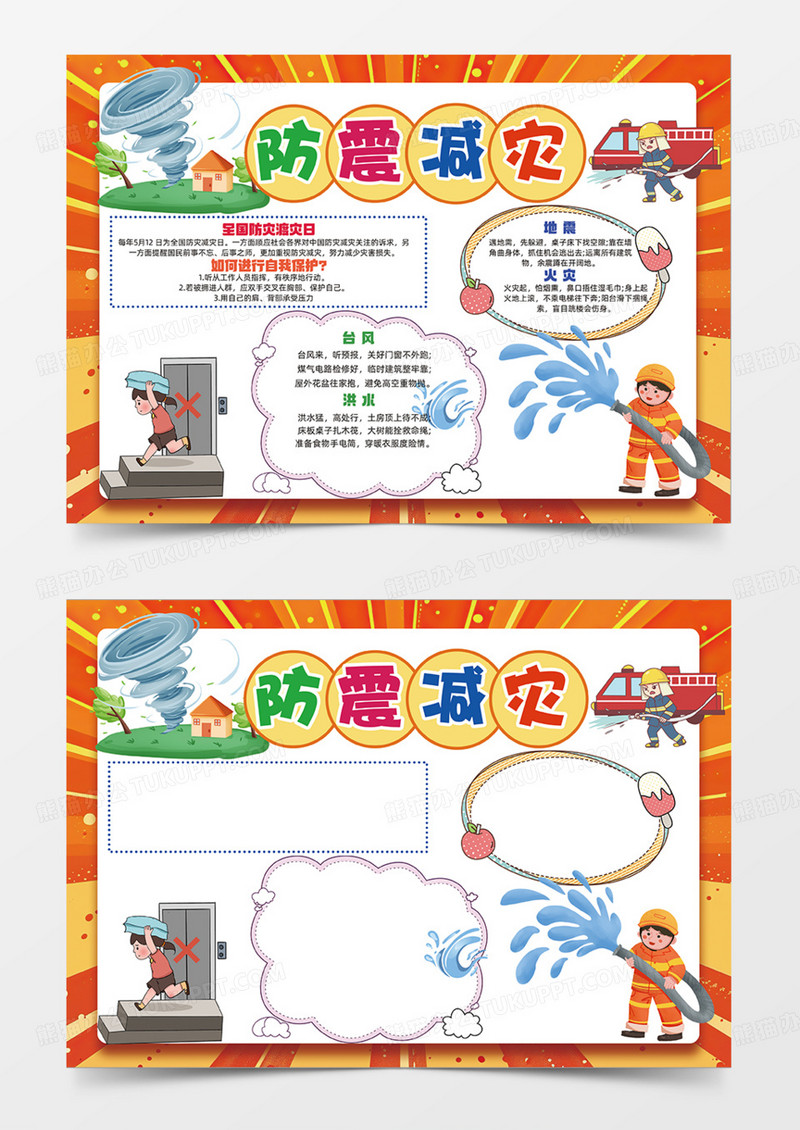 橙色漫画风背景防震减灾手抄报卡通