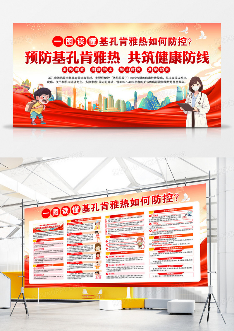 红色一图读懂基孔肯雅热防控展板设计
