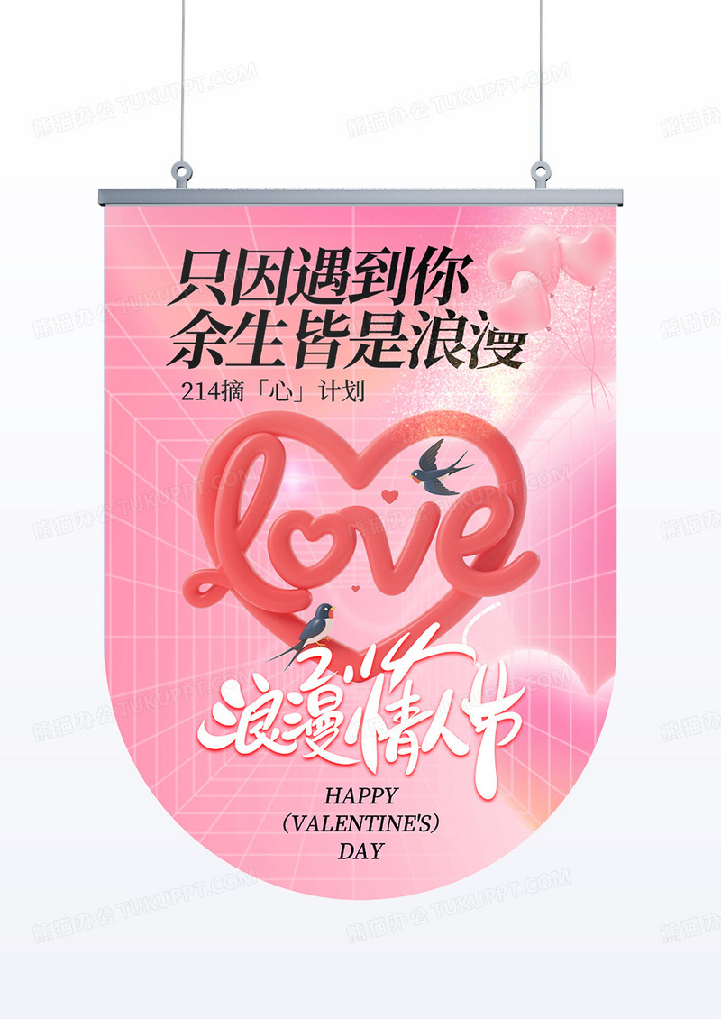 粉色3D效果摘心计划浪漫情人节吊旗设计