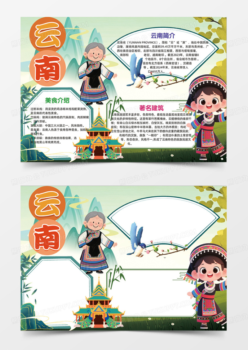 云南城市旅游人物手绘国风边框简约手抄报