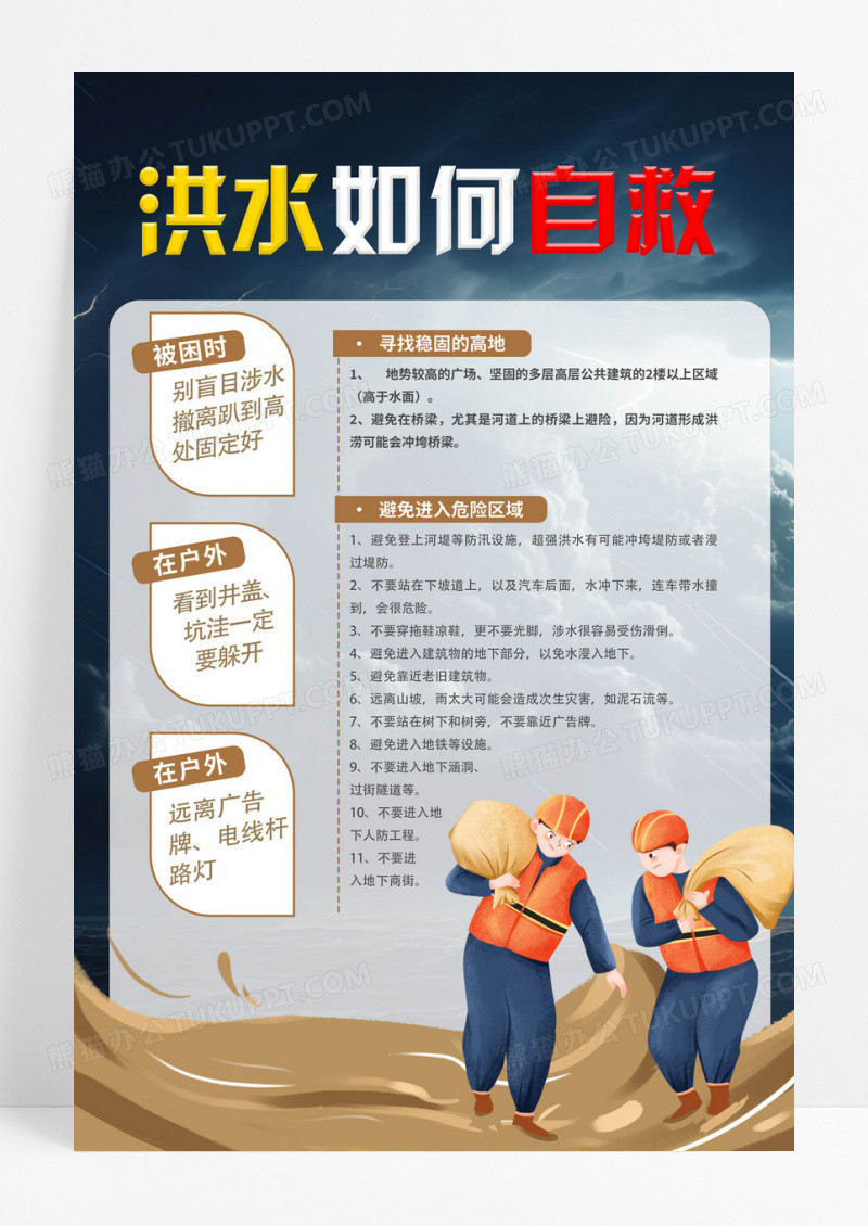手绘防汛自救小常识洪水暴发时如何防备与自救海报洪水如何自救海报