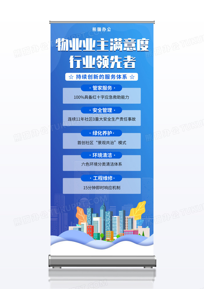 蓝色简约物业业主满意度行业领先者宣传展架易拉宝