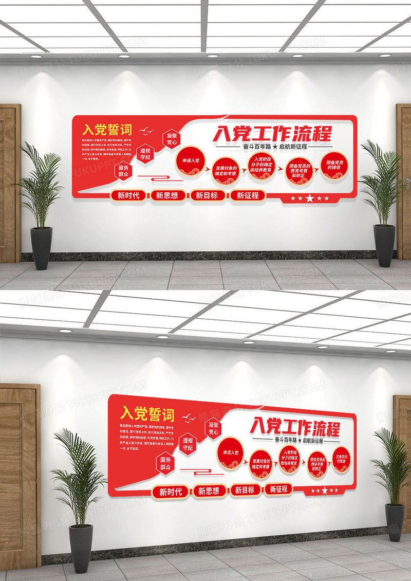 红色简约发展党员工作流程文化墙展板