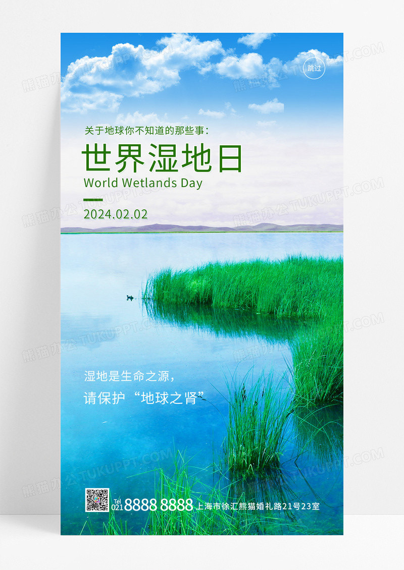 绿色简约世界湿地日手机海报