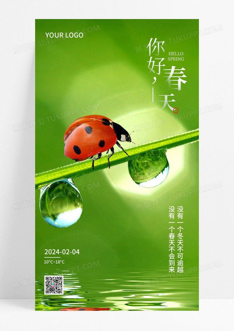 七星瓢虫绿色简约你好春季元素手机宣传海报