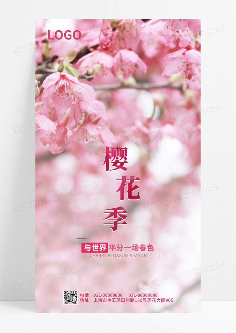 粉色简约实景樱花樱花节ui手机海报春天春季樱花宣传海报