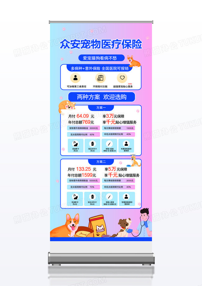 蓝色粉色扁平众安宠物医疗保险易拉宝展架医疗展架