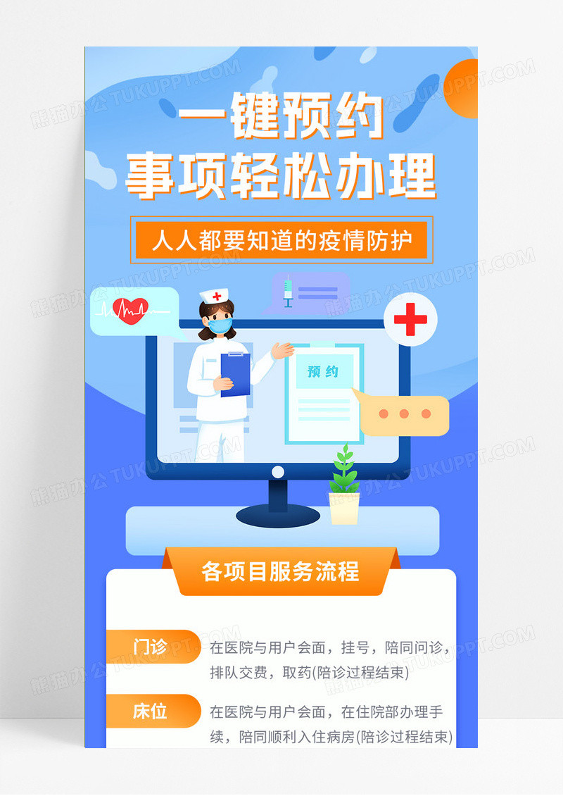 蓝色卡通简约轻松预约医院医疗ui手机长图