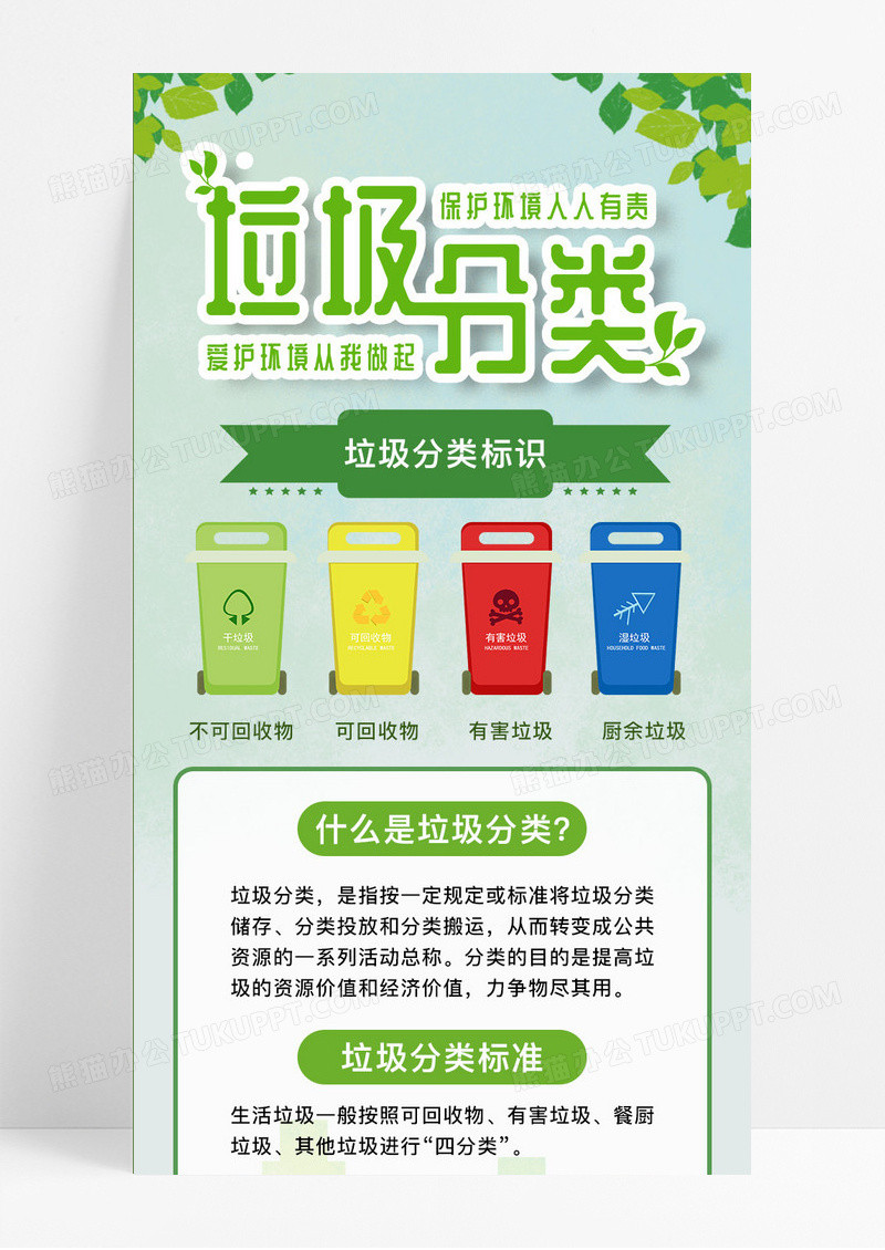 绿色卡通垃圾分类小知识垃圾分类ui手机长图垃圾分类手机长图