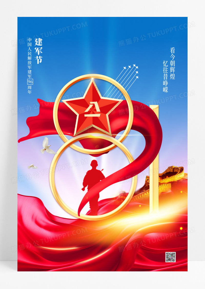蓝天五星军人八一建军节96周年海报