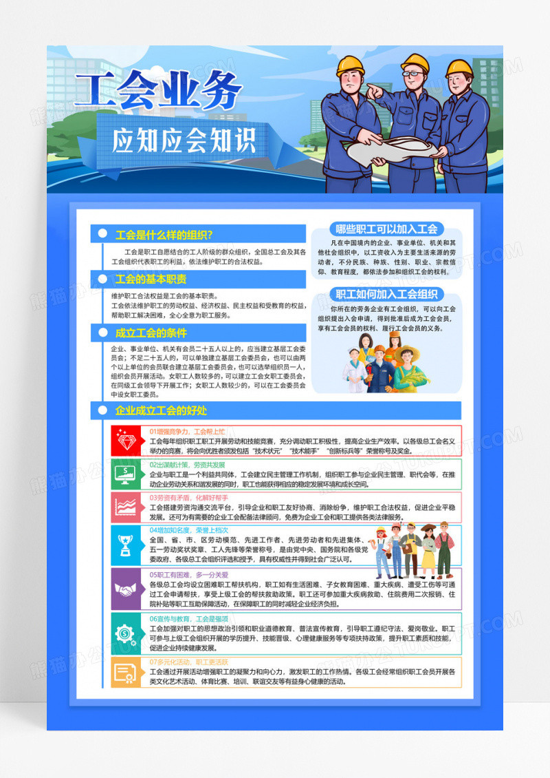 蓝色卡通工会业务应知应会知识海报工会科普
