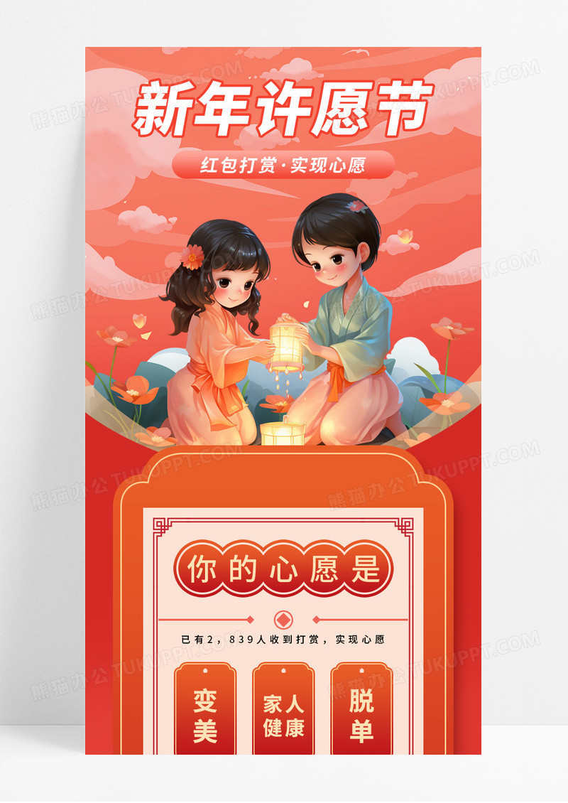 红色喜庆2025新年许愿节活动宣传长图