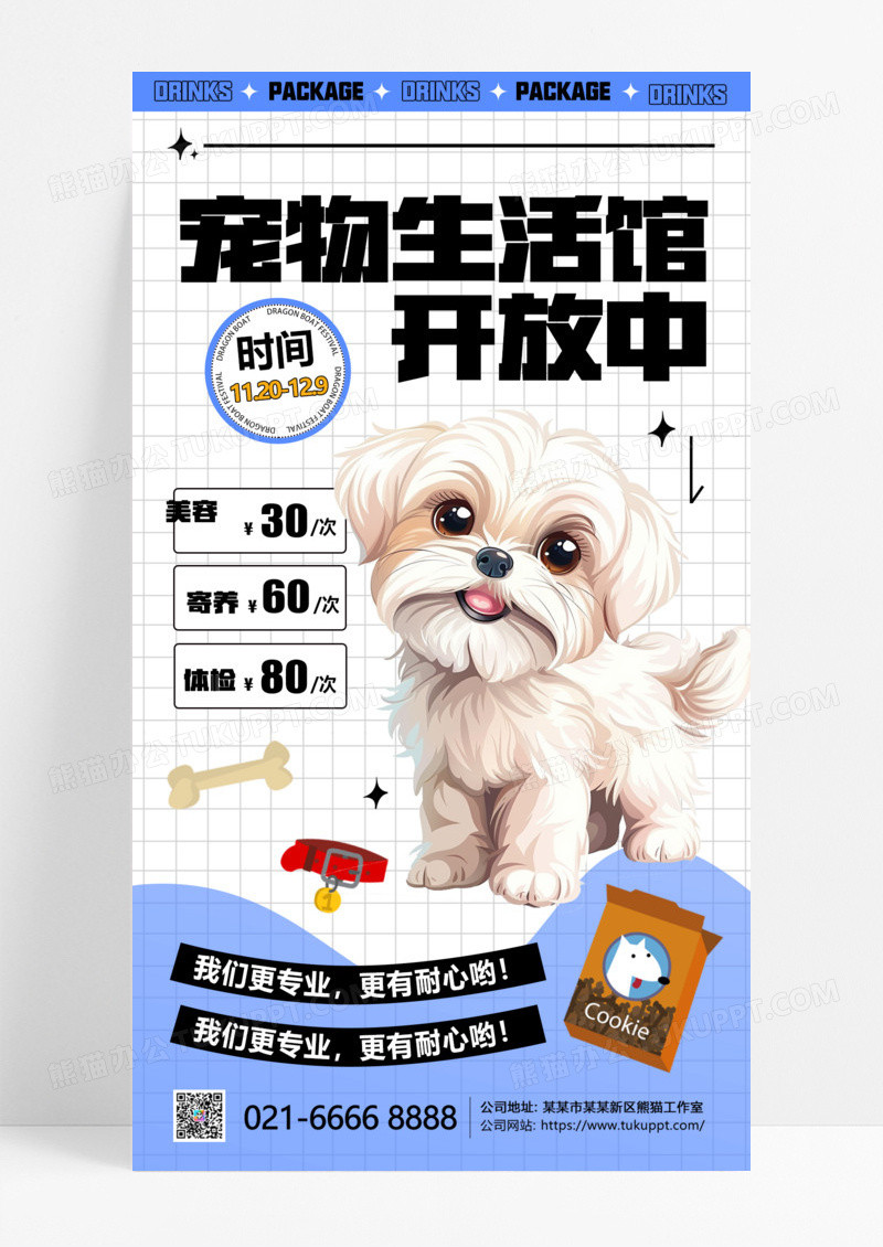 白色线描插画风格宠物生活馆宠物宣传宠物海报