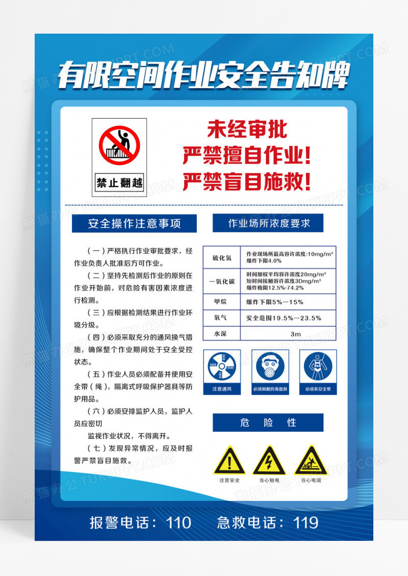 蓝色简约有限空间作业安全告知牌有限空间海报设计