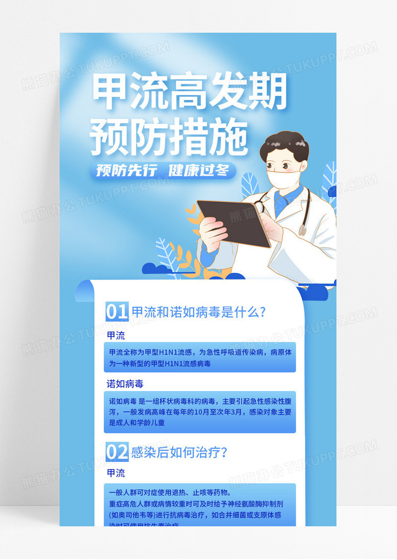 蓝色简约医疗科普预防甲流做好防护预防冬季流感长图