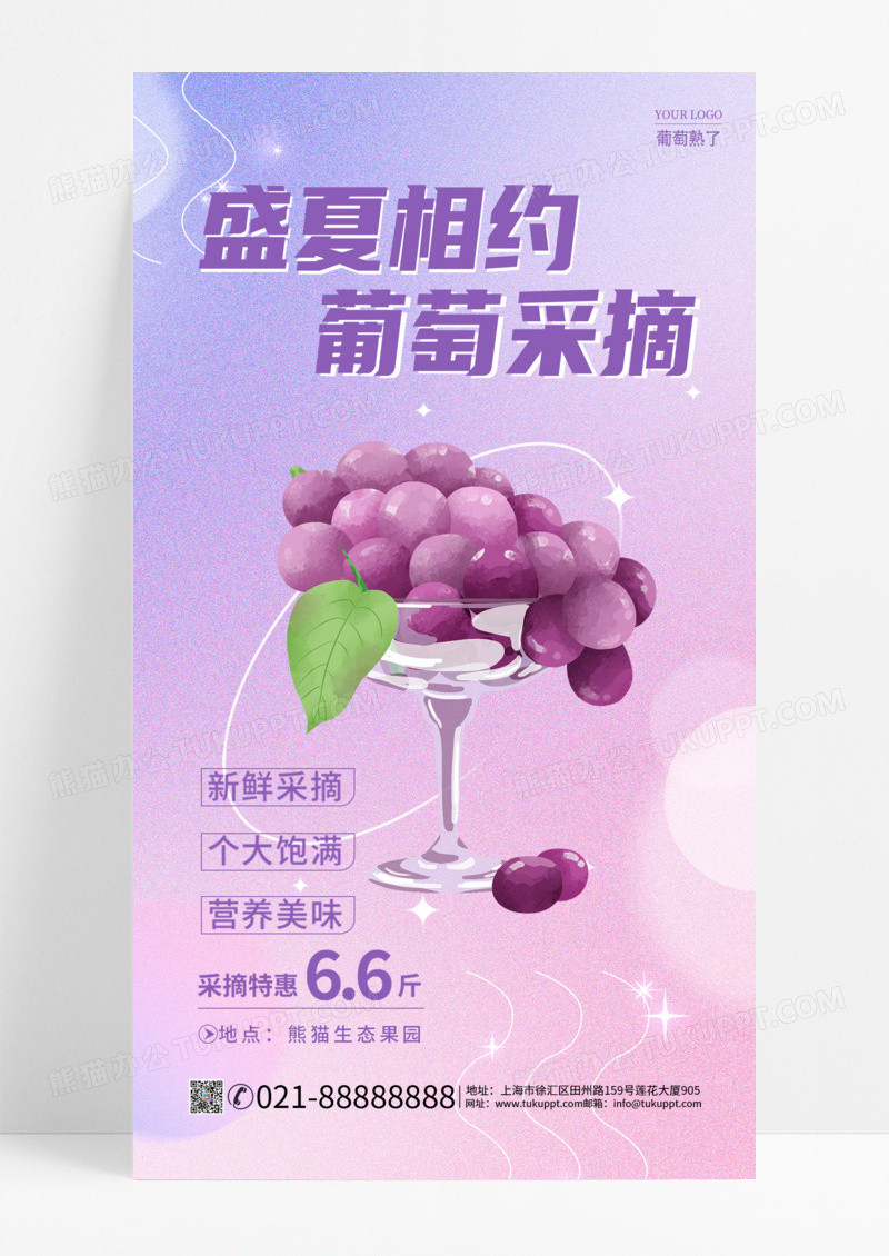 2024盛夏相约葡萄采摘葡萄宣传海报紫色背景简约风格海报葡萄手机宣传海报