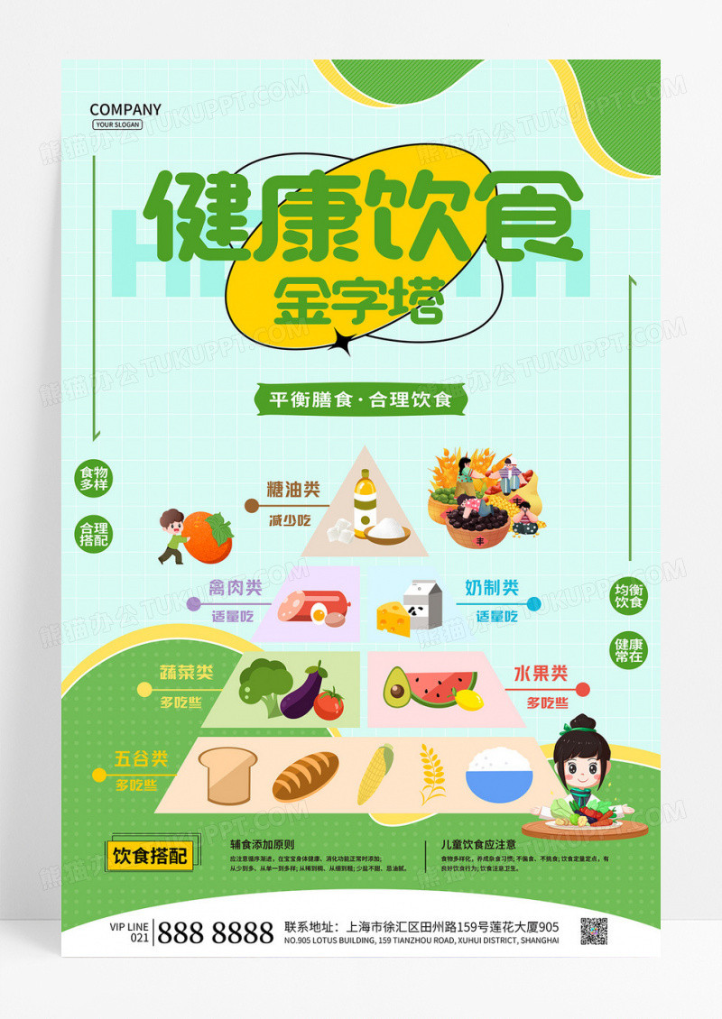 可爱卡通绿色健康饮食合理饮食金字塔海报设计