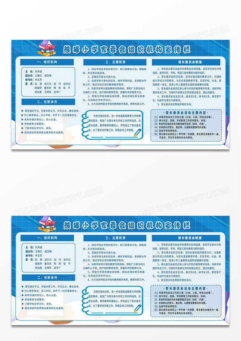 蓝色学校教育培训家委会组织机构宣传栏展板设计