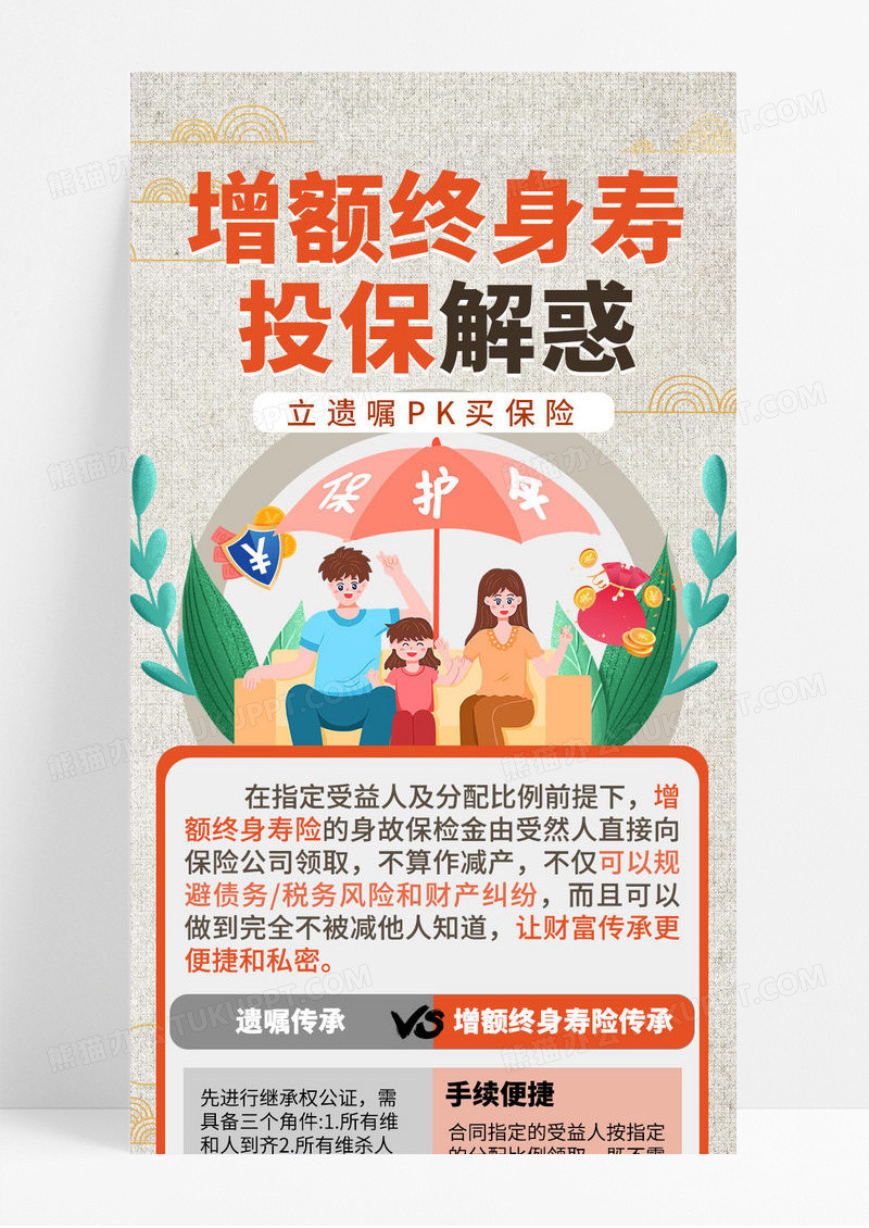 中国风插画增额终身寿险保险投保解惑对比手机ui宣传长图