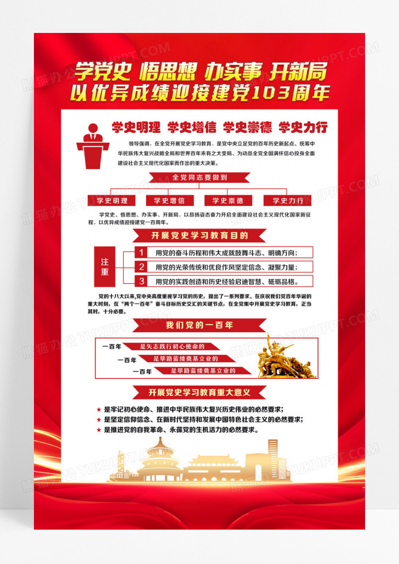 红色简约党史学习教育学党史悟思想办实事开新局党建海报设计