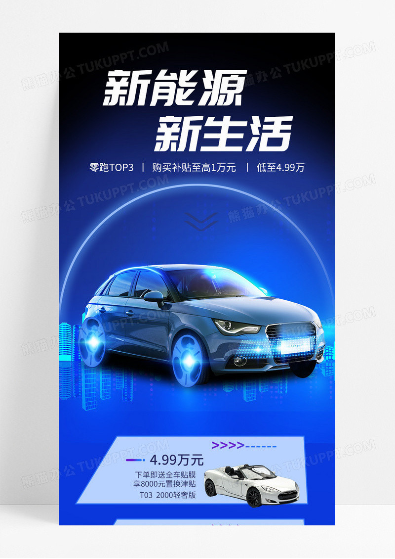 蓝色商务科技风新能源新生活汽车上市手机长图海报