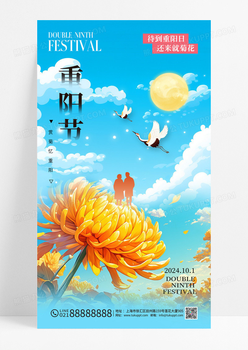 蓝色卡通插画重阳节菊花老人简约海报