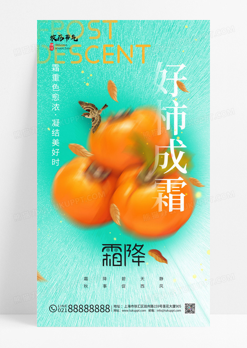 绿色简约霜降节气柿子麻雀创意海报