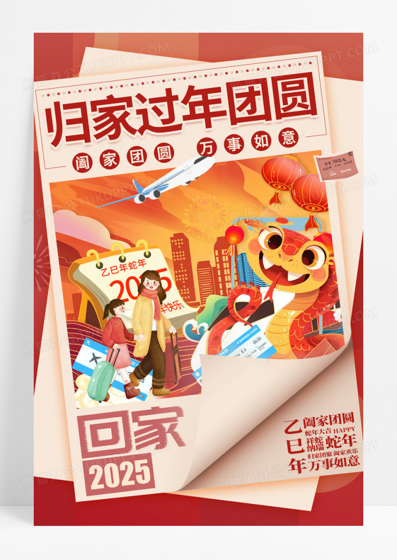 红色简约2025年归家过年团圆春运宣传海报
