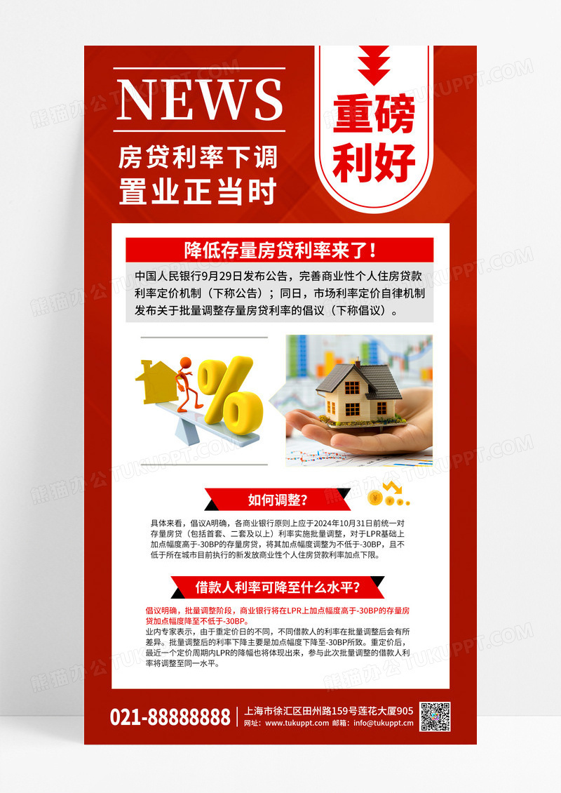 红色时尚房地产利率手机宣传海报