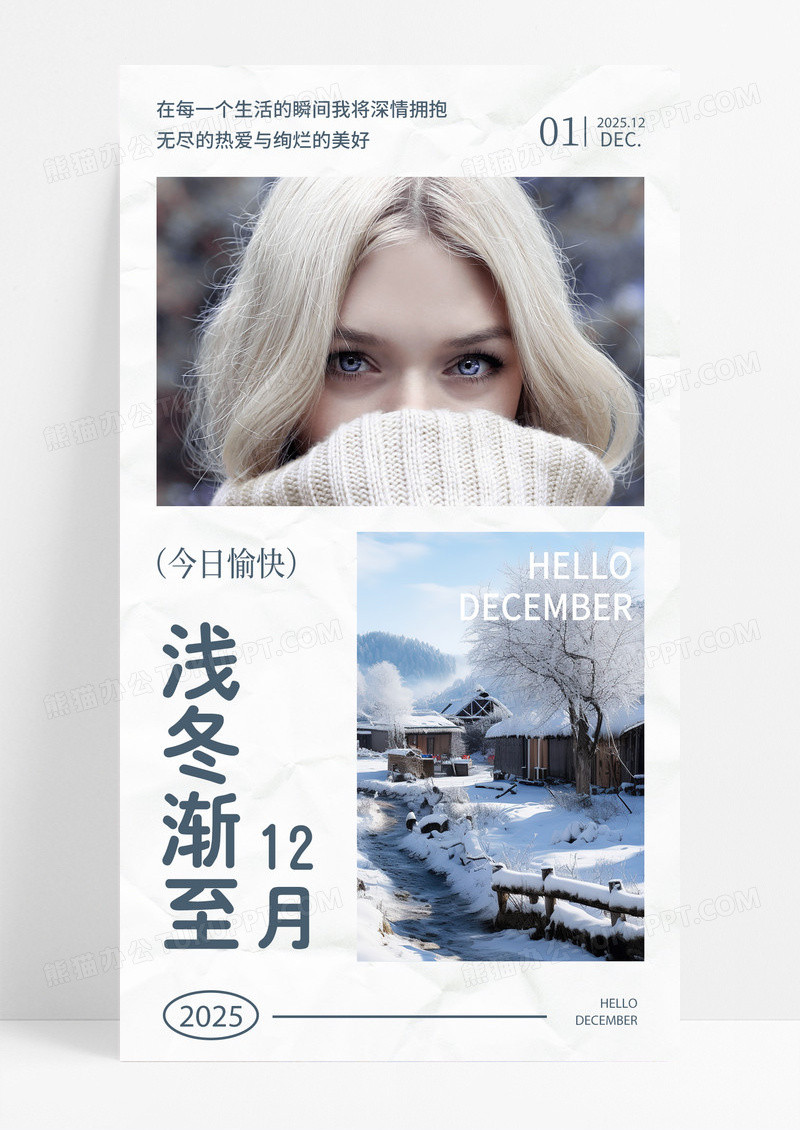12月你好女孩冬天浅灰色简约in风浅冬渐至海报创意广告海报