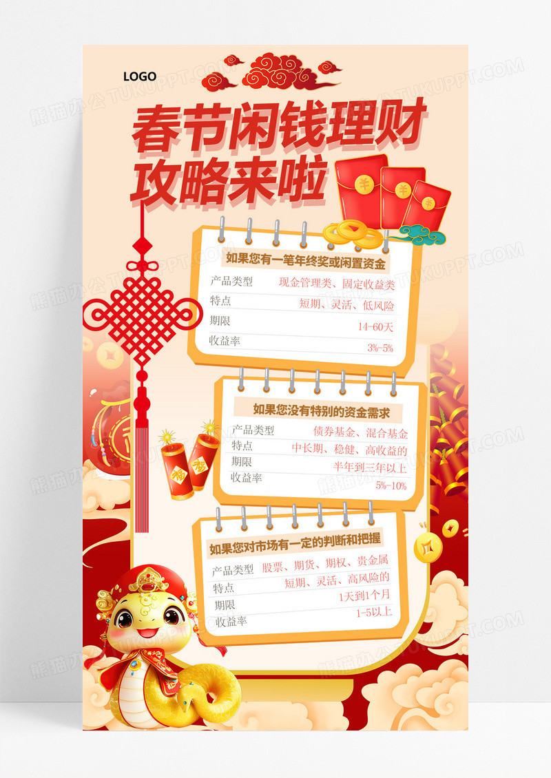 春节闲钱理财攻略来啦金融红色渐变手机海报