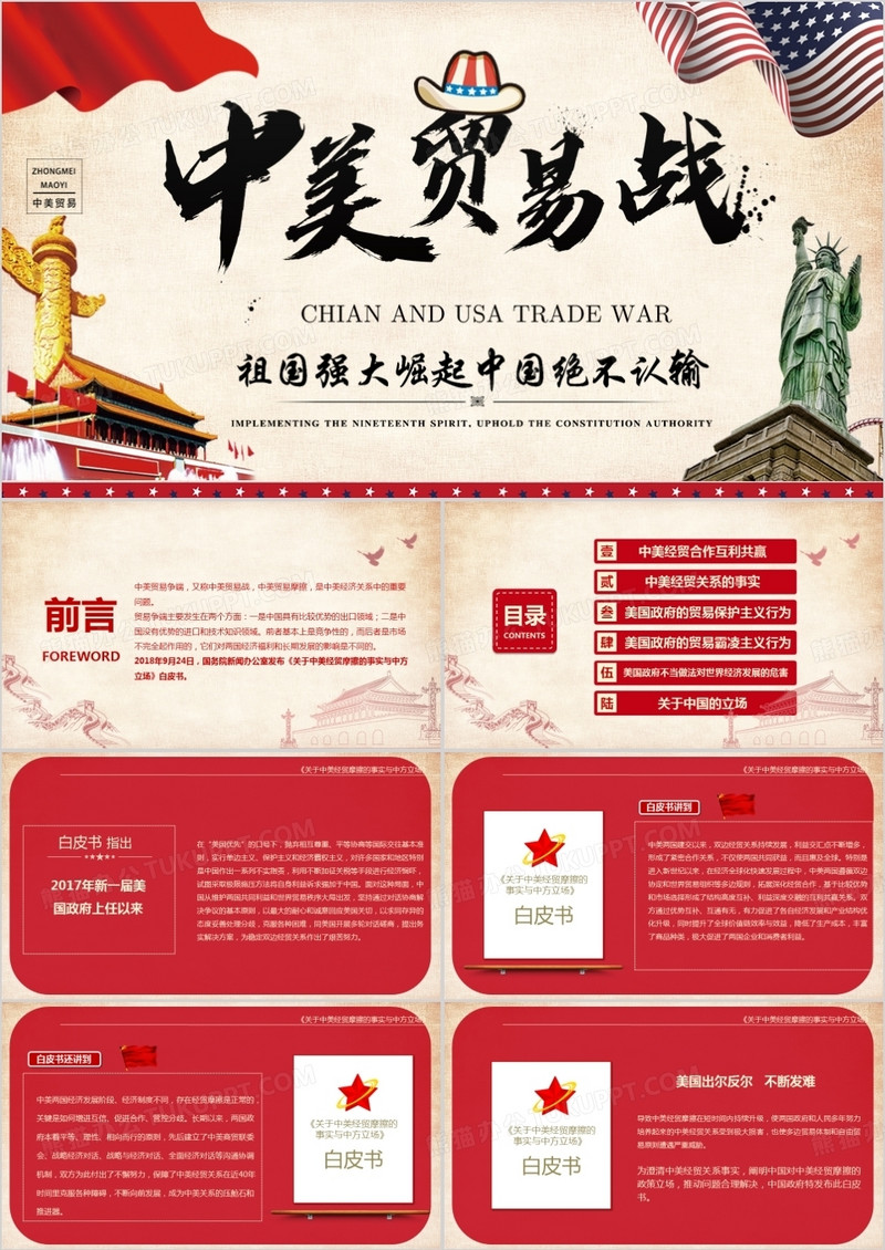 中美贸易战创意风格PPT模板