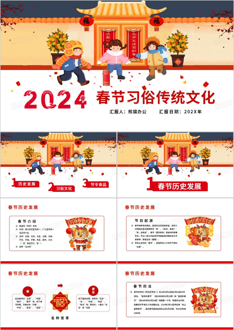 喜庆中国风新年习俗文化介绍PPT模板
