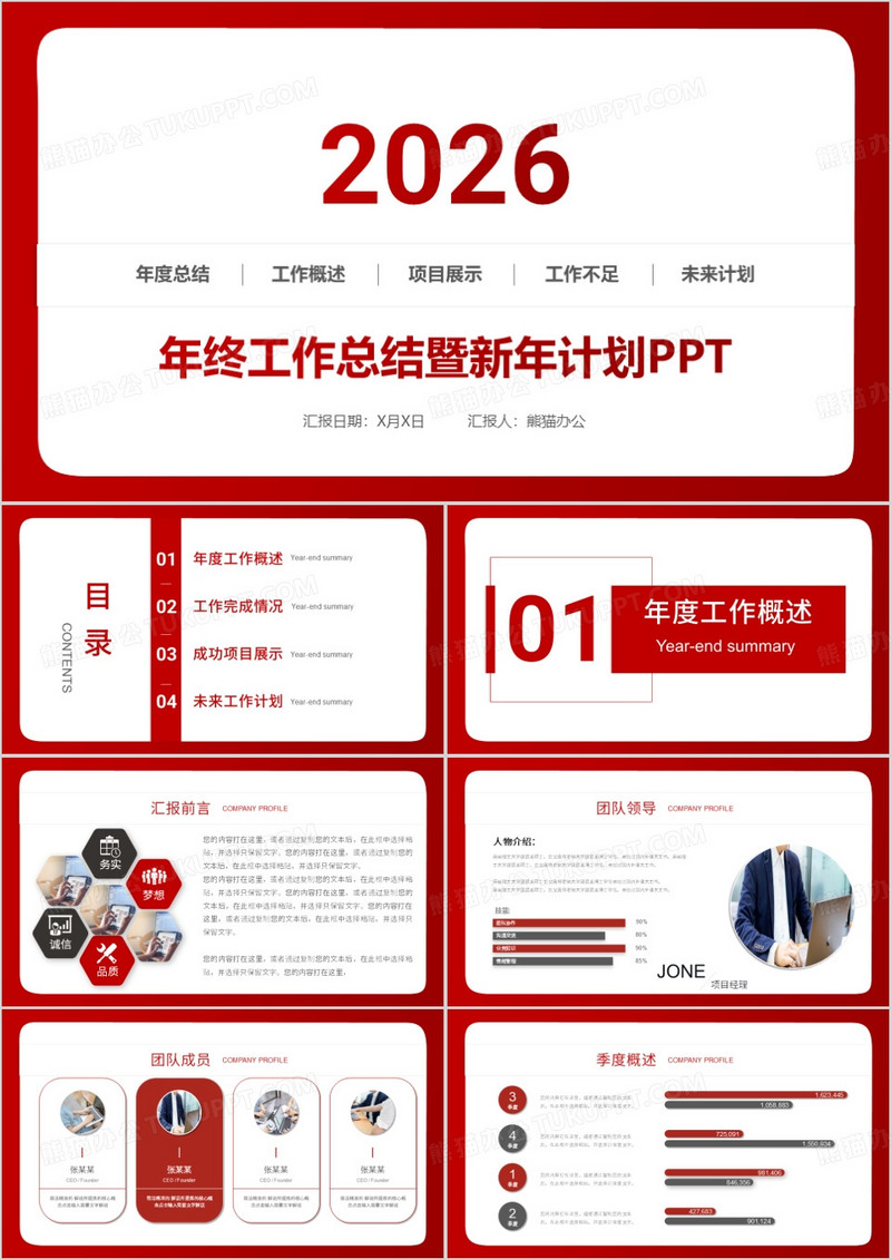 红色2026年终工作总结暨新年计划PPT模板