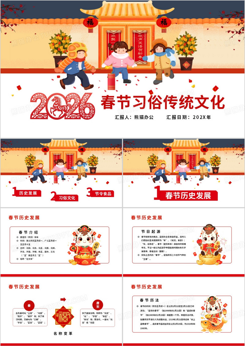 喜庆中国风新年习俗文化介绍PPT模板