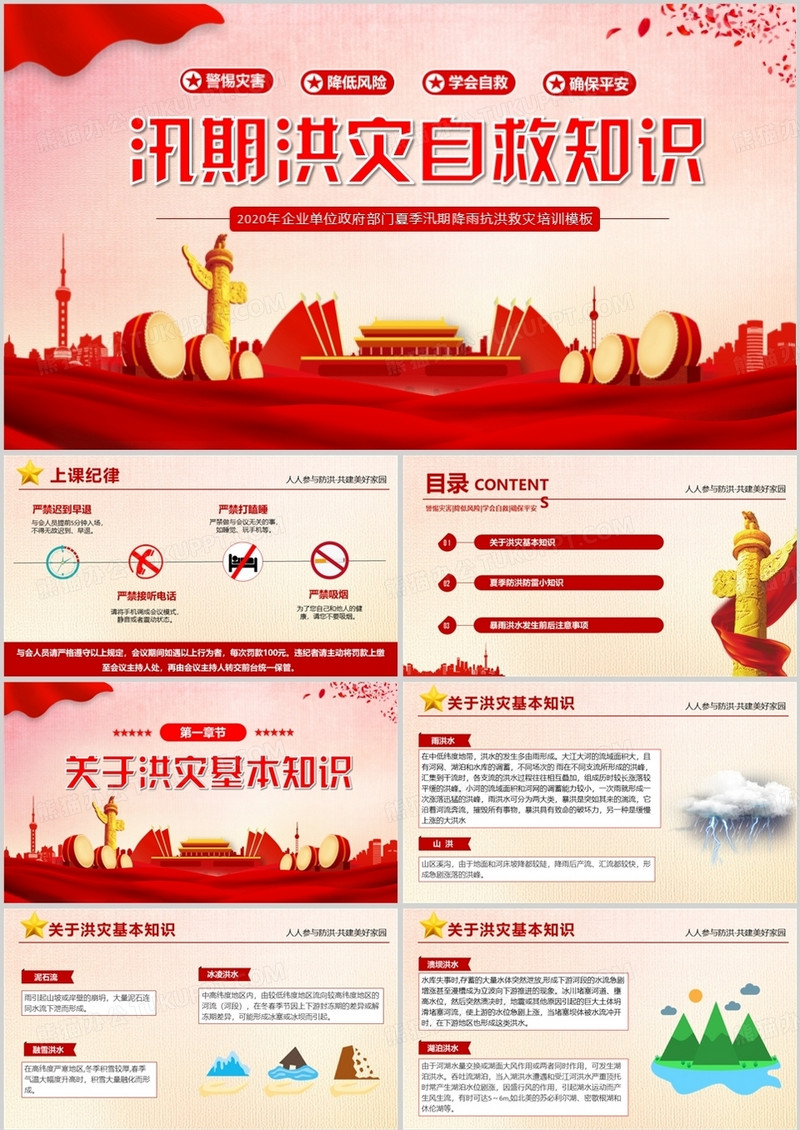 警惕大自然灾害政府部门夏季汛期降雨抗洪救灾自救知识培训PPT模板