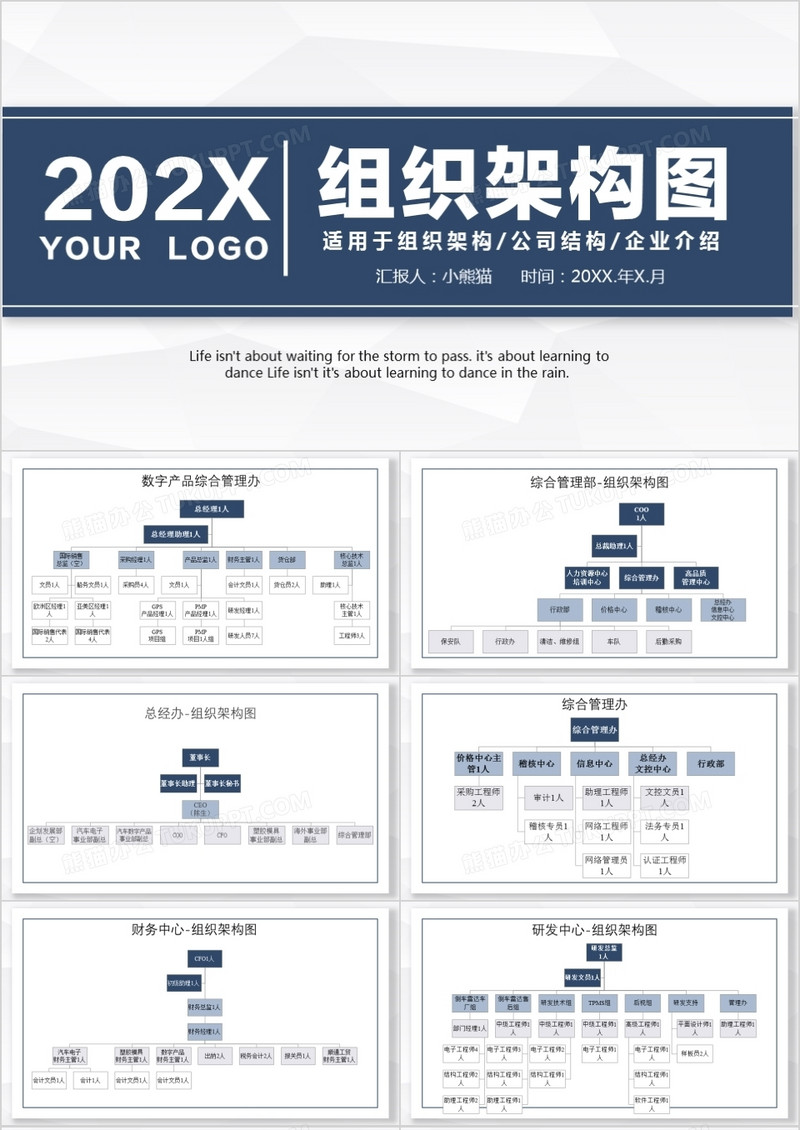 2022高级灰色蓝色简约企业组织架构PPT模板