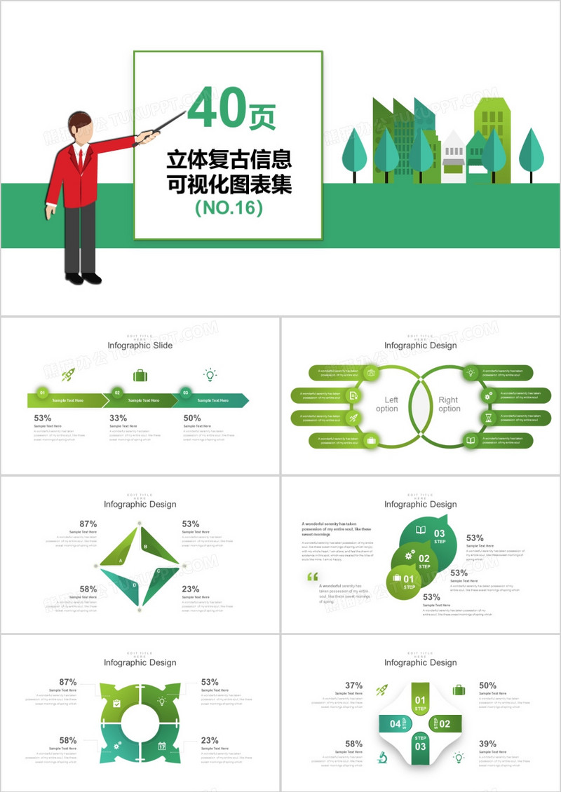 40页立体复古信息可视化图表集PPT模板