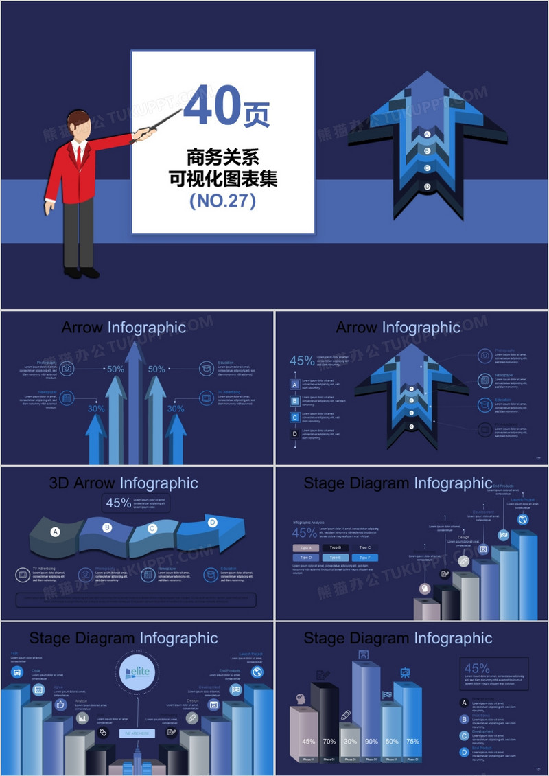 40页蓝色商务关系可视化图表集PPT模板