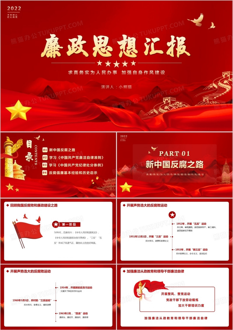 红色大气简约廉政思想汇报PPT模版