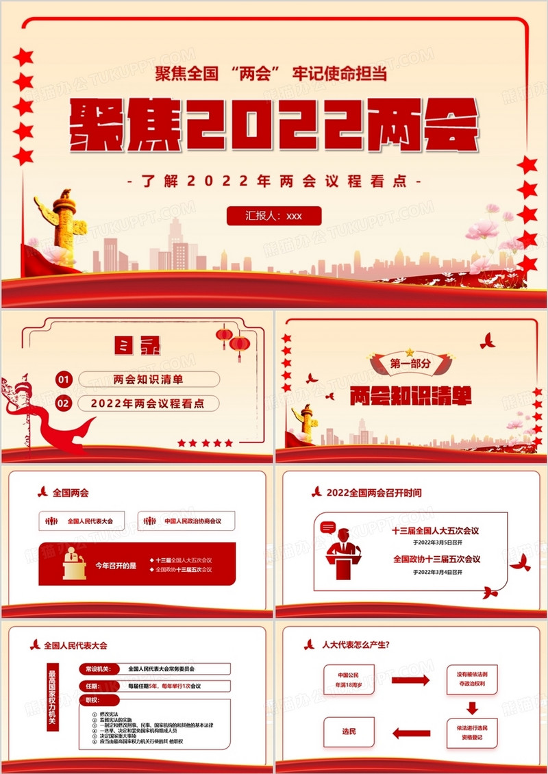 红色党建聚焦全国两会牢记使命担当PPT模板