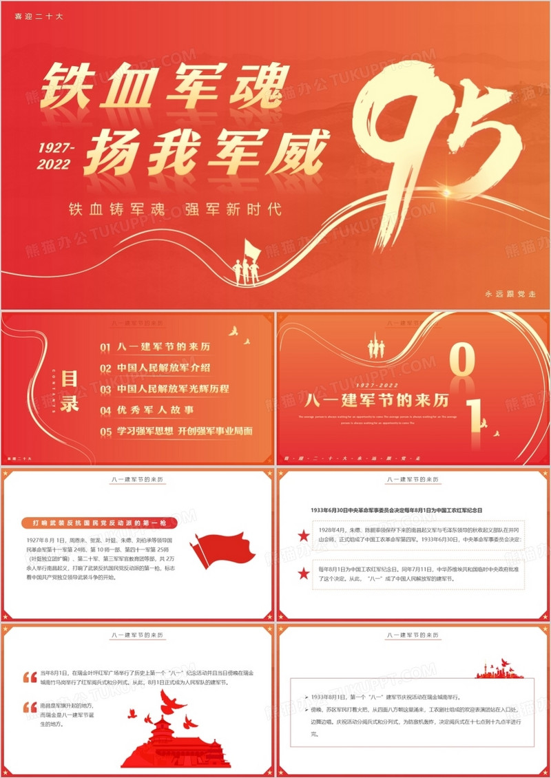 橙红渐变简约风铁血军魂扬我军威PPT模板