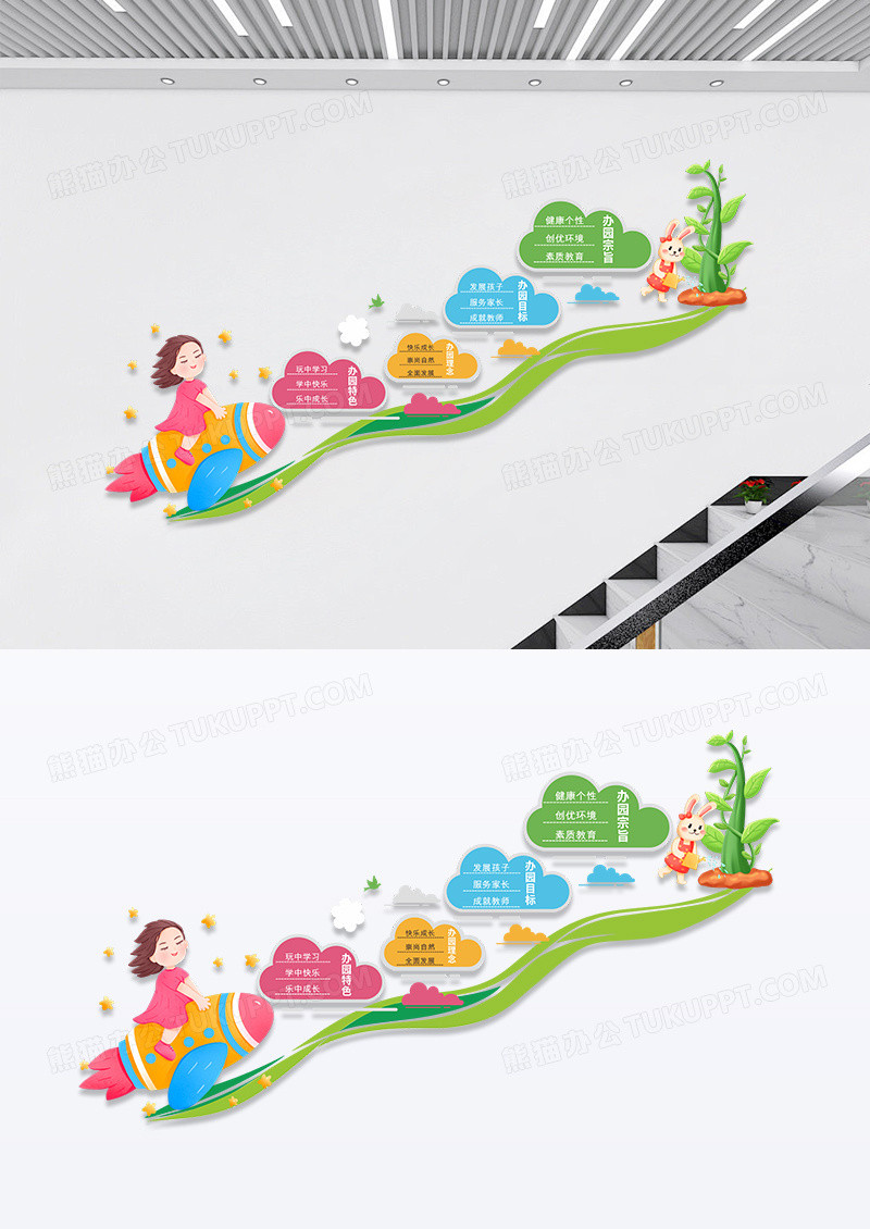 彩色卡通办园理念办园目标幼儿园简介楼梯文化墙