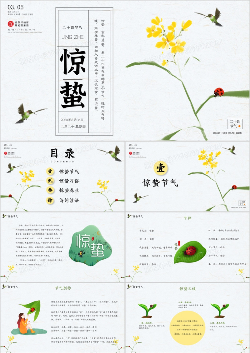 手绘风传统二十四节气惊蛰节气介绍PPT模板
