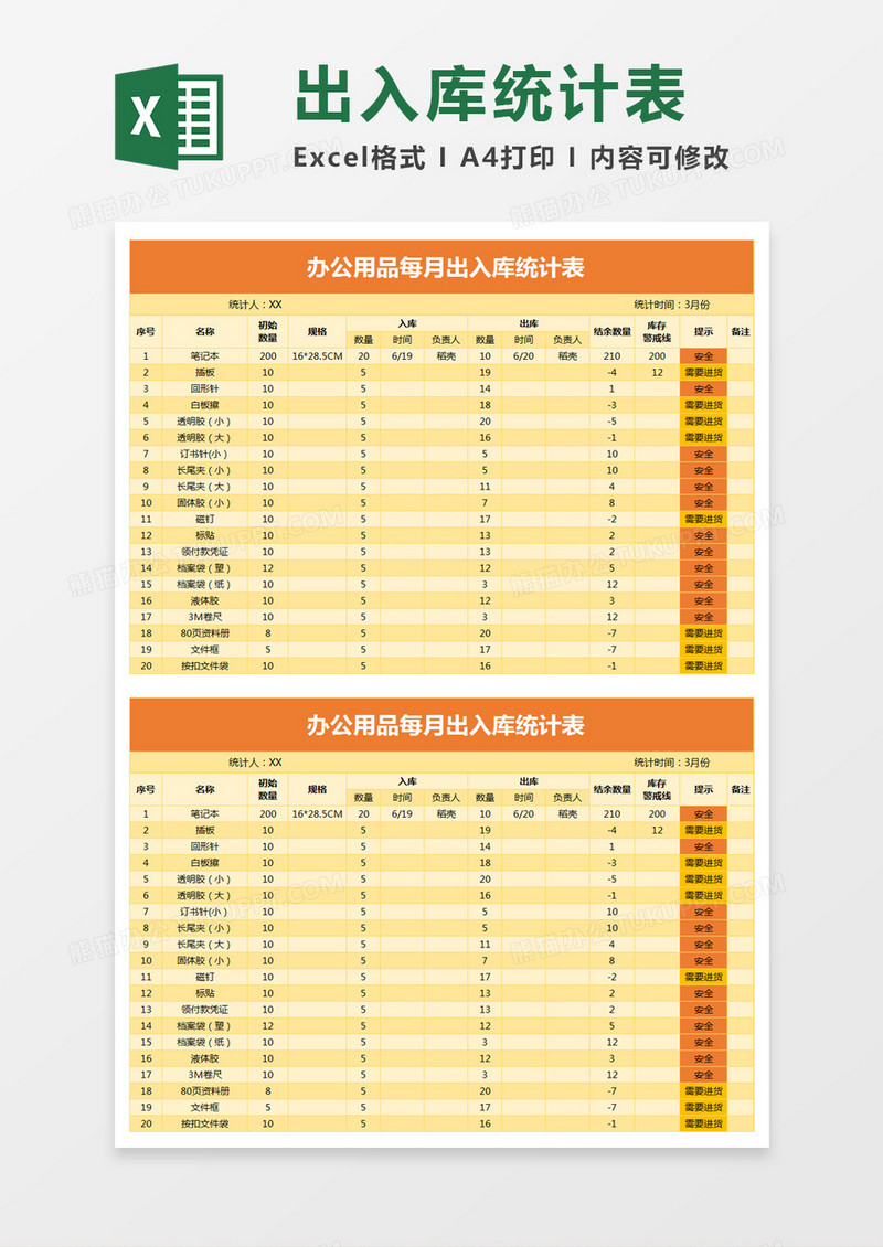 简约办公用品出入库统计表excel模板