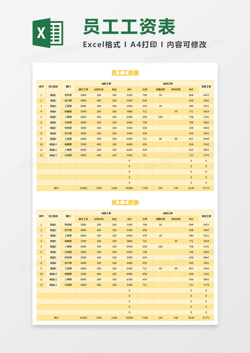 实用黄色简约员工工资表excel模板