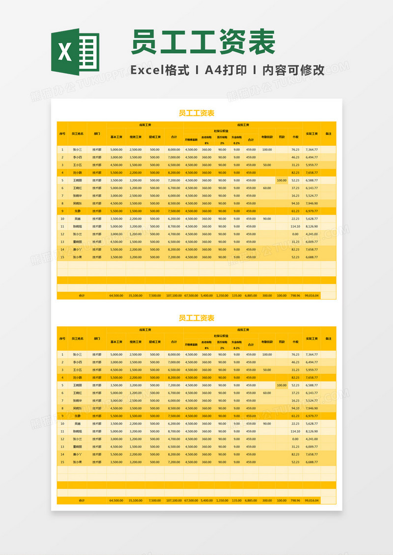 黄色实用简约员工工资表excel模板